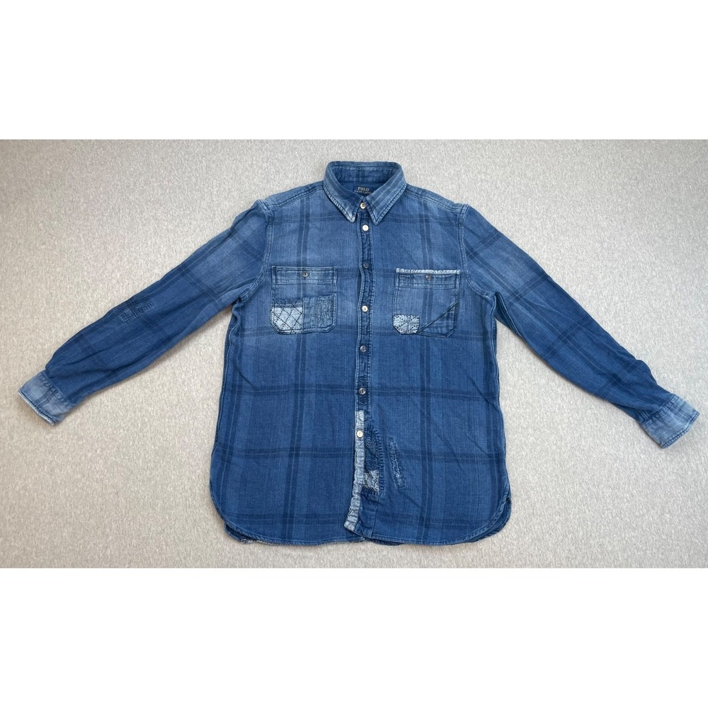 Polo Ralph Lauren Shirt Mens Large Blue Plaid 100% Cotton Distressed Patchwork